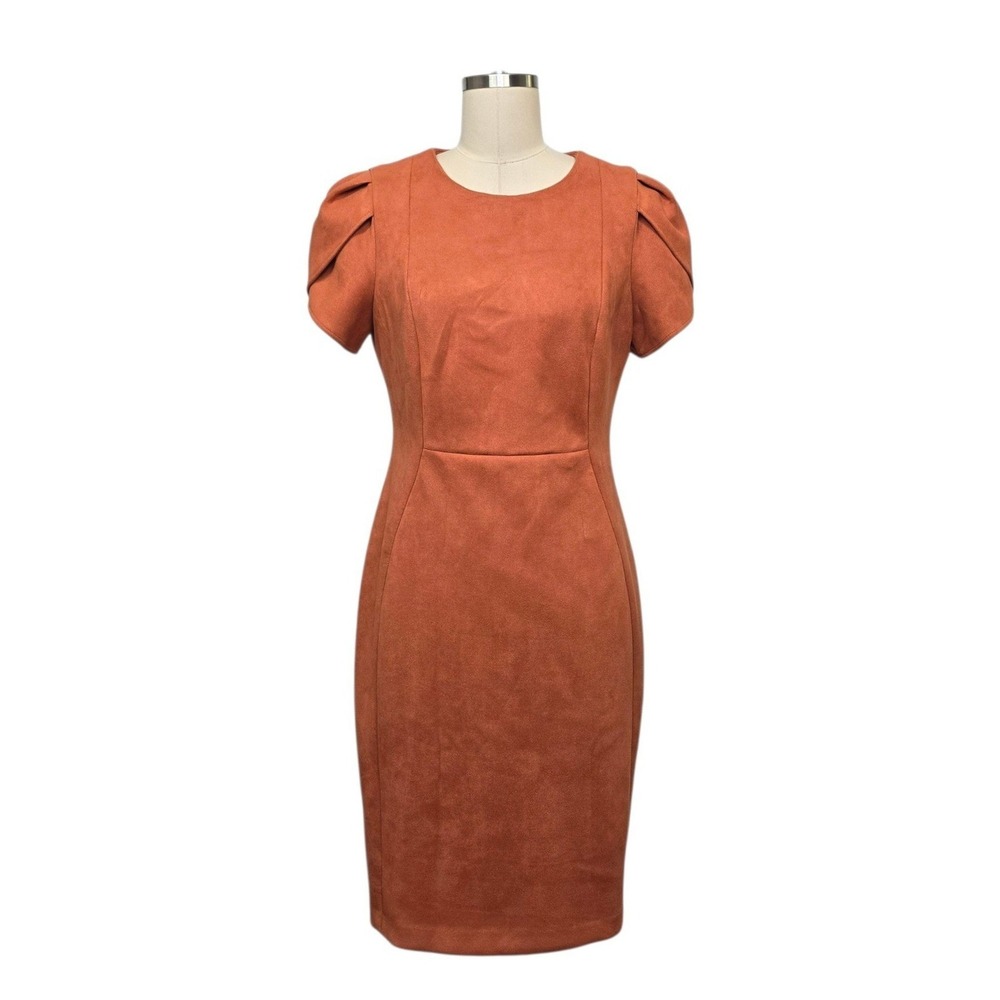 Calvin Klein Womens Rust Orange Faux Suede Puff Sleeve Sheath Dress Size 8
